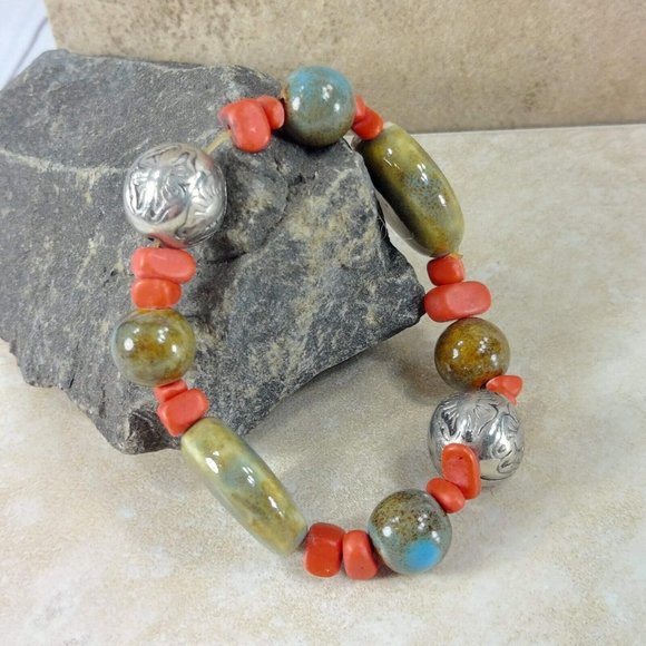 Silver Beaded Stones Bracelet Handmade Beads Jewelry Jewel Trinket Gift for Her - Picture 3 of 8